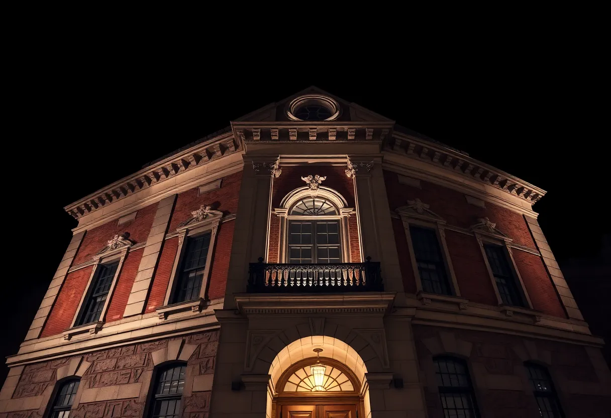 Historic Building Facade Illuminated at Night