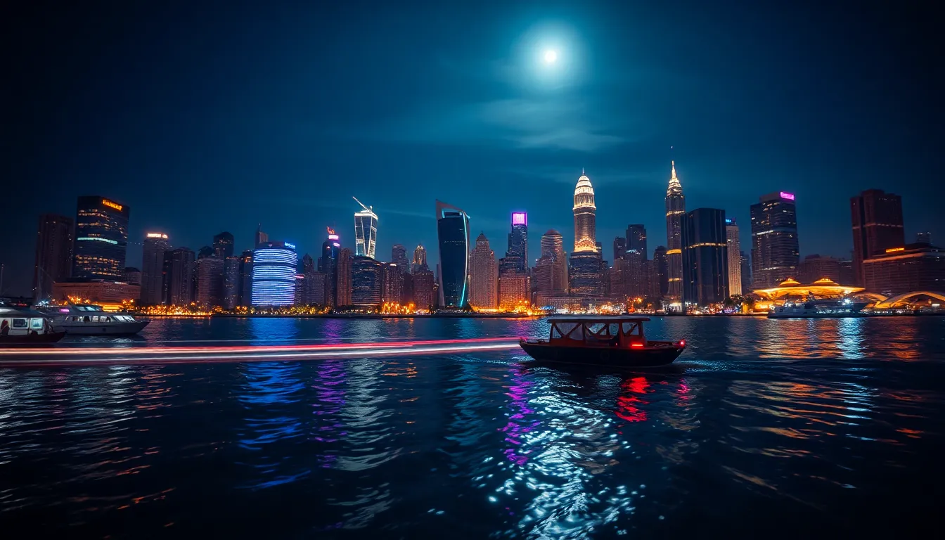 A stunning panoramic view of a vibrant city at night, shimmering in the reflections on a calm waterfront. Long exposure captures the movement of boats creating light trails, adding a sense of dynamism to the tranquil scene. The cool moonlight enhances the city’s rich colors while maintaining clarity throughout the composition. This image encapsulates the beauty of urban nightscapes, merging the stillness of water with the vibrancy of city life.