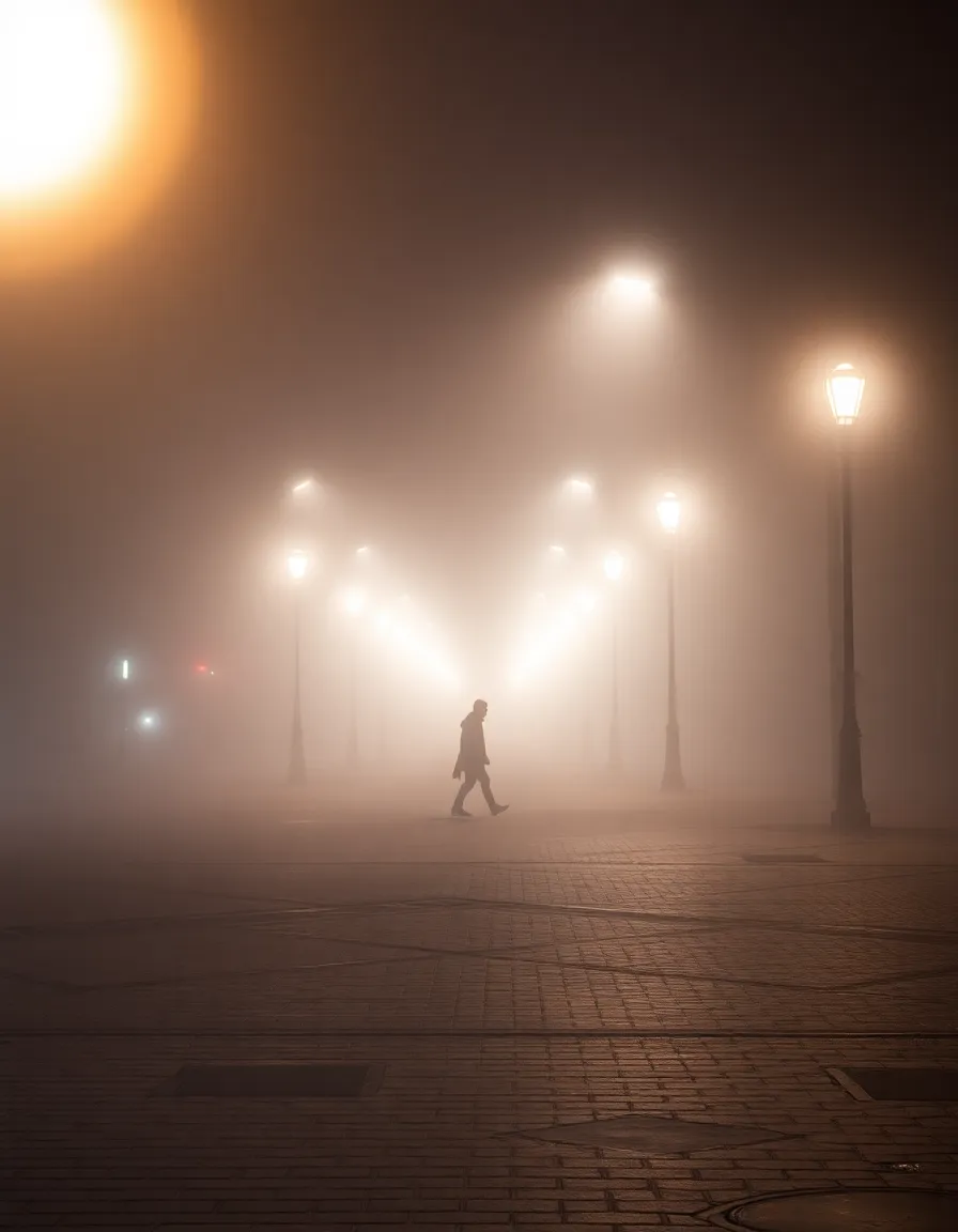 Lonely Figure in Foggy Night City