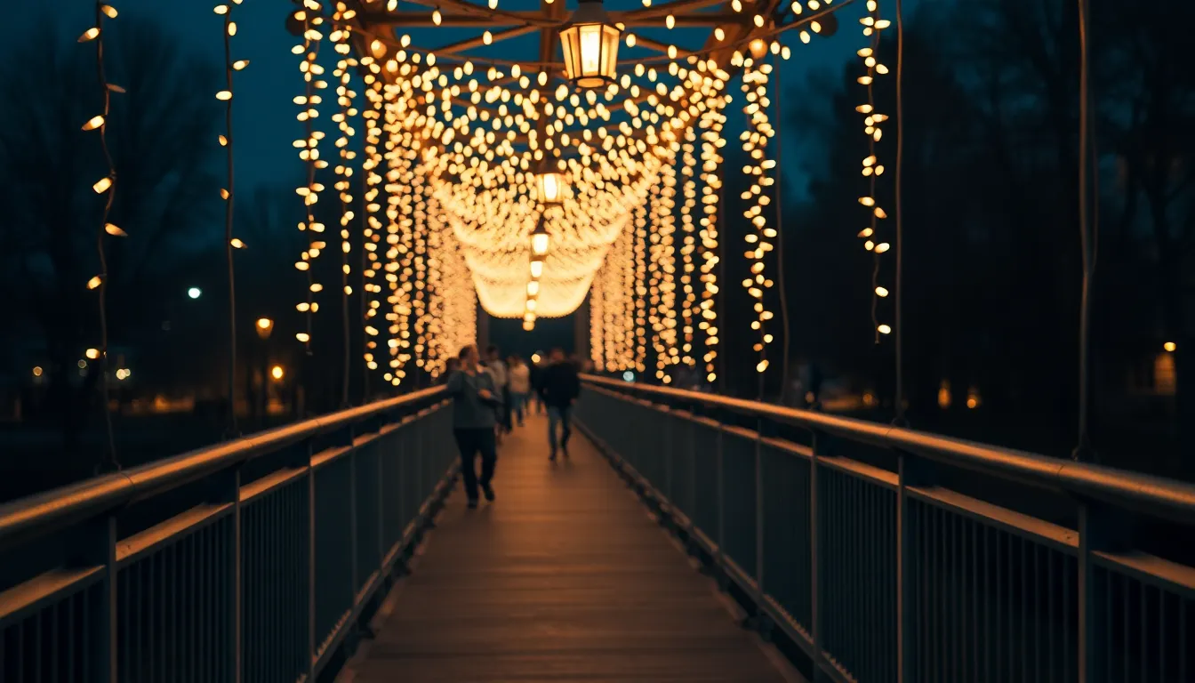 A charming pedestrian bridge at night, illuminated by twinkling string lights that create a warm and inviting atmosphere. The busy scene is filled with people enjoying the evening, set against the textured backdrop of the bridge’s architecture. A shallow depth of field helps focus on the intricate details of the bridge while softly blurring the background, enhancing the intimate feel of the night. The balanced composition invites viewers into this enchanting urban space.