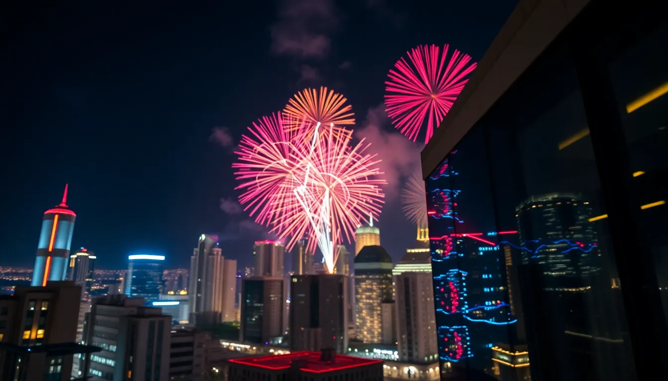 City Skyline Under Fireworks Display