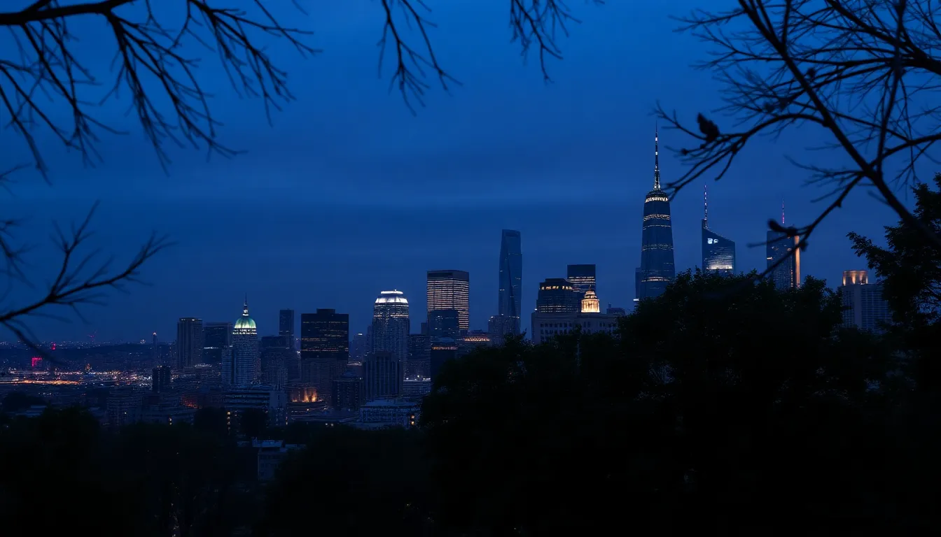 This stunning panoramic view captures a city's skyline as dusk descends, showcasing skyscrapers illuminated against a rich navy backdrop. The soft twilight light accentuates the architectural features while creating a harmonious blend of purple and blue tones. Framed by the silhouettes of nearby trees, the image offers depth and context, inviting viewers to explore the urban landscape.