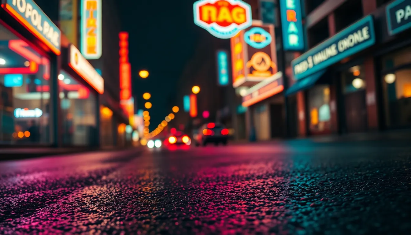 Vibrant Neon Nightscape with Reflections