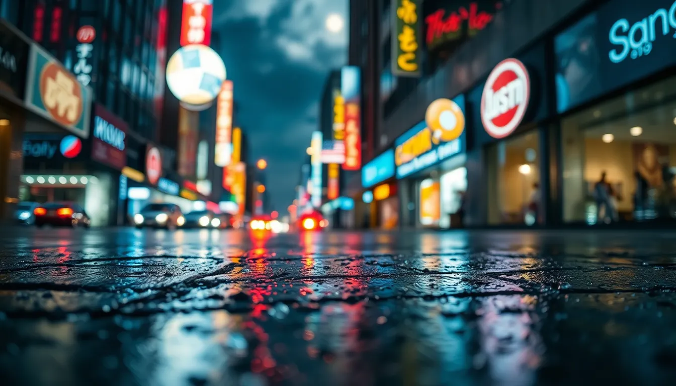 Rain-Soaked City Street at Night