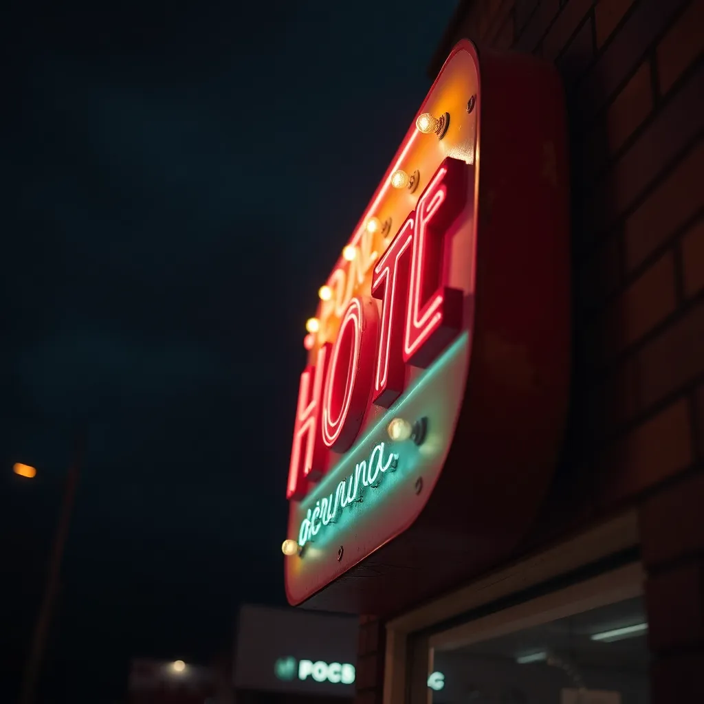This captivating image focuses on a vintage neon sign radiating warmth against a moody night backdrop. The warm glow highlights the intricate details, including rust and chipped paint, adding character and charm. The sign's vibrant reds and yellows contrast beautifully against the cooler night sky, inviting nostalgia and admiration for a bygone era of neon artistry.