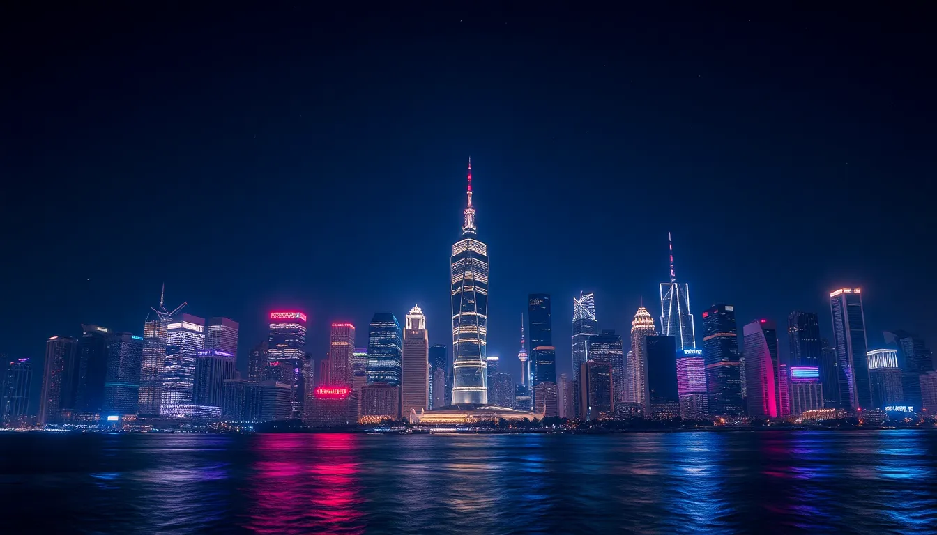 This breathtaking panoramic image captures a bustling city skyline at night, illuminated by vibrant lights. The buildings stand tall against an indigo sky filled with stars, creating a dramatic backdrop. Bright reds, purples, and blues highlight the architectural features and reflections in the water. The composition is centered and symmetrical, showcasing the grandeur of the city's skyline. With sharp details from the foreground to the background, this image invites viewers to immerse themselves in the dynamic urban scene.