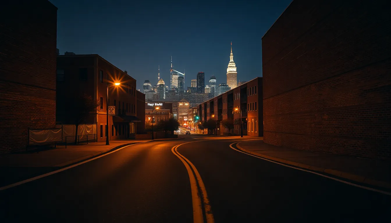 Dusk City Skyline with Winding Road