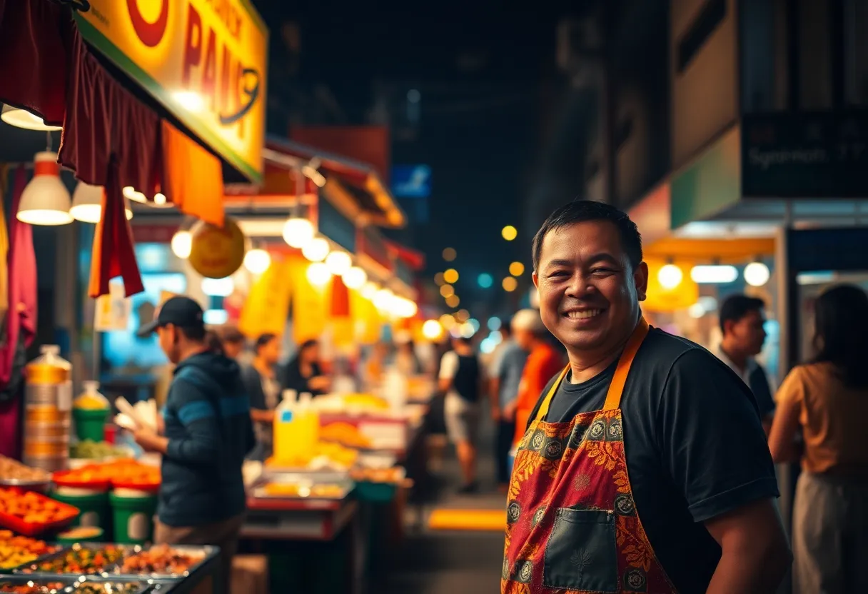 Experience the lively essence of a night market bustling with energy and warmth. Vendors showcase a tantalizing array of street food beneath the inviting glow of tungsten lights. The cheerful vendor, dressed in a bright apron, engages with excited customers, creating a sense of community and joy. Rich textures and warm colors envelop the scene, making it an inviting glimpse into urban nightlife.