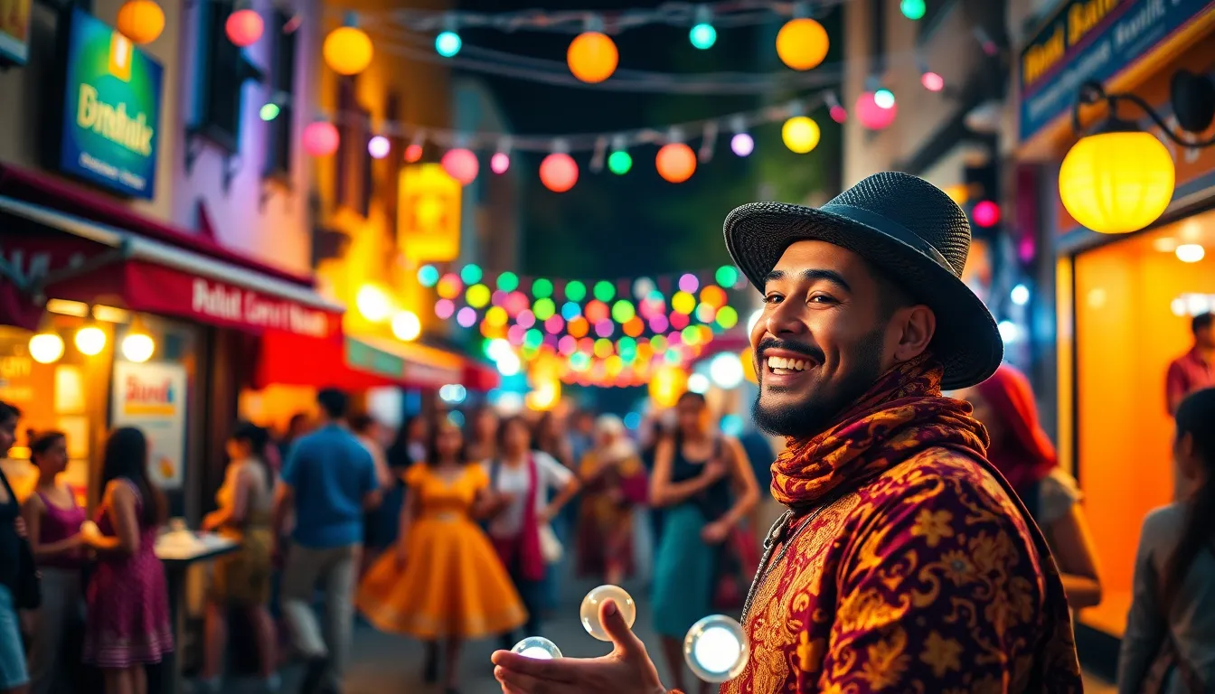 Street Performers Under Colorful Lights
