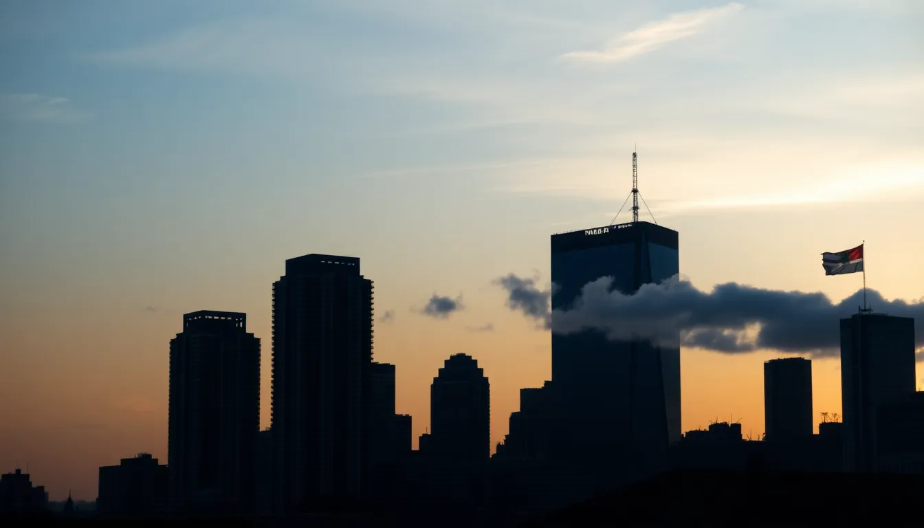 A breathtaking view of a city skyline during the blue hour, where modern architecture meets the remnants of a colorful sunset. The silhouettes of buildings create a striking contrast against the softly fading sky. This serene moment captures the transition from day to night, embracing the beauty of urban architecture. The carefully balanced composition draws the viewer's eye toward the skyline, while the soft colors evoke a peaceful ambiance.