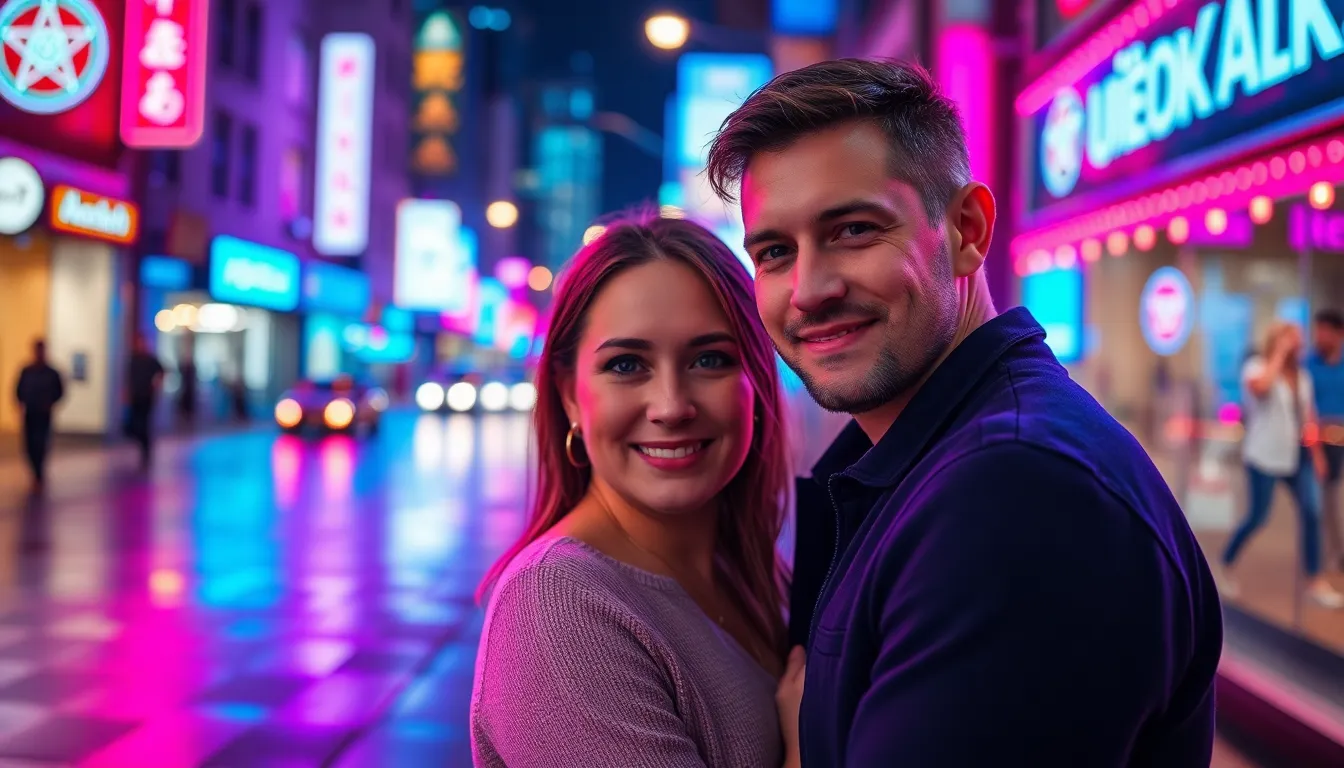 Couple Enjoying Night Out in Neon Lights