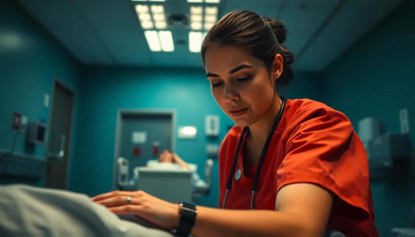 An intense moment unfolds in a busy emergency room where a dedicated nurse is focused on providing care to a patient. The dramatic lighting highlights the urgency and emotions of the scene, while the cinematic colors add a layer of depth to the environment. This image encapsulates the high-pressure world of emergency nursing, where every second matters.