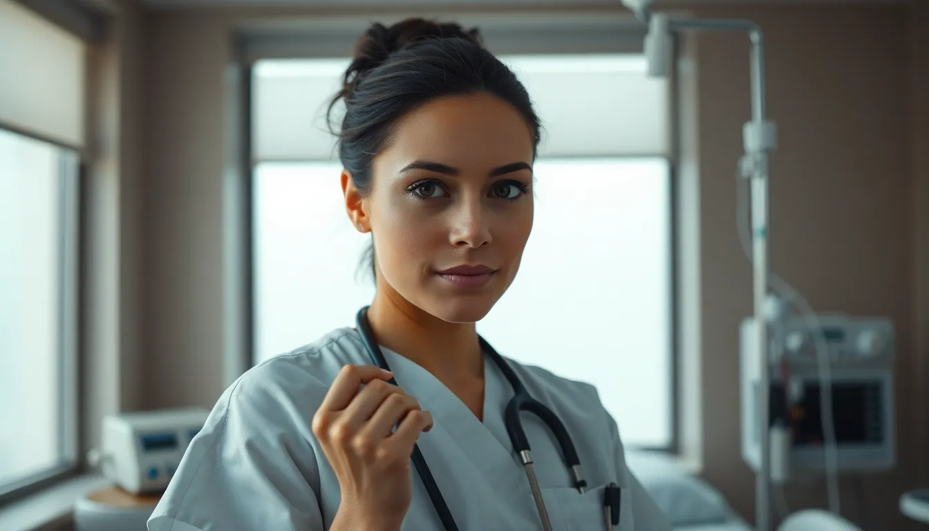 Nurse Adjusting IV in Hospital Room