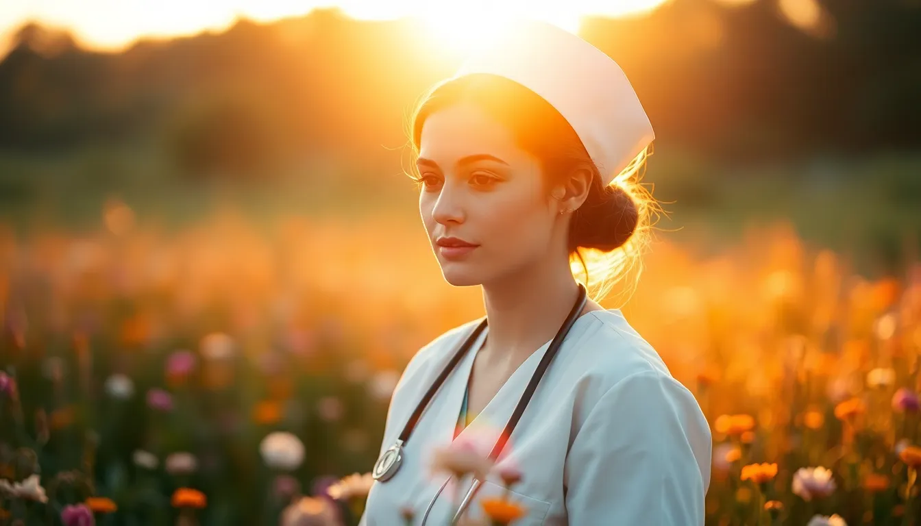 A serene scene of a nurse standing in a field of wildflowers during golden hour. The warm rim light outlines her silhouette against a vibrant sunset backdrop, creating a tranquil and uplifting mood. The shallow depth of field ensures that the focus remains on the nurse while the floral bokeh adds a soft, dream-like quality to the image. The warm skin tones and rich colors exemplify the photographer's attention to detail and emotional depth.