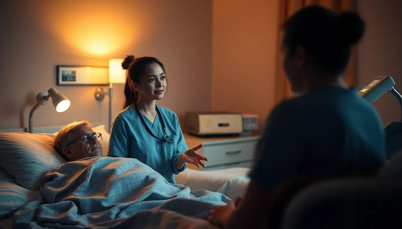 Inside a cozy hospital room, a nurse attentively discusses medication instructions with a patient. The warm tungsten light from bedside lamps creates inviting shadows, enhancing the intimate feel of the conversation. The nurse's scrubs showcase a textured fabric that contrasts with the polished medical equipment, and the deep focus captures all elements in stunning clarity. The composition presents a symmetrical arrangement, reinforcing the professionalism of the healthcare environment.