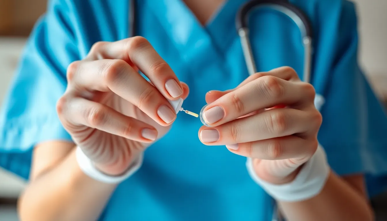 A detailed close-up image showcases a nurse's hands as she delicately prepares medication, reflecting the precision and care inherent in nursing practice. The soft natural light enhances the warm tones of the skin and the clarity of the medication packaging, emphasizing the importance of this critical task in patient care. This image encapsulates the meticulous nature of nursing responsibilities, illustrating the dedication to safety and accuracy.