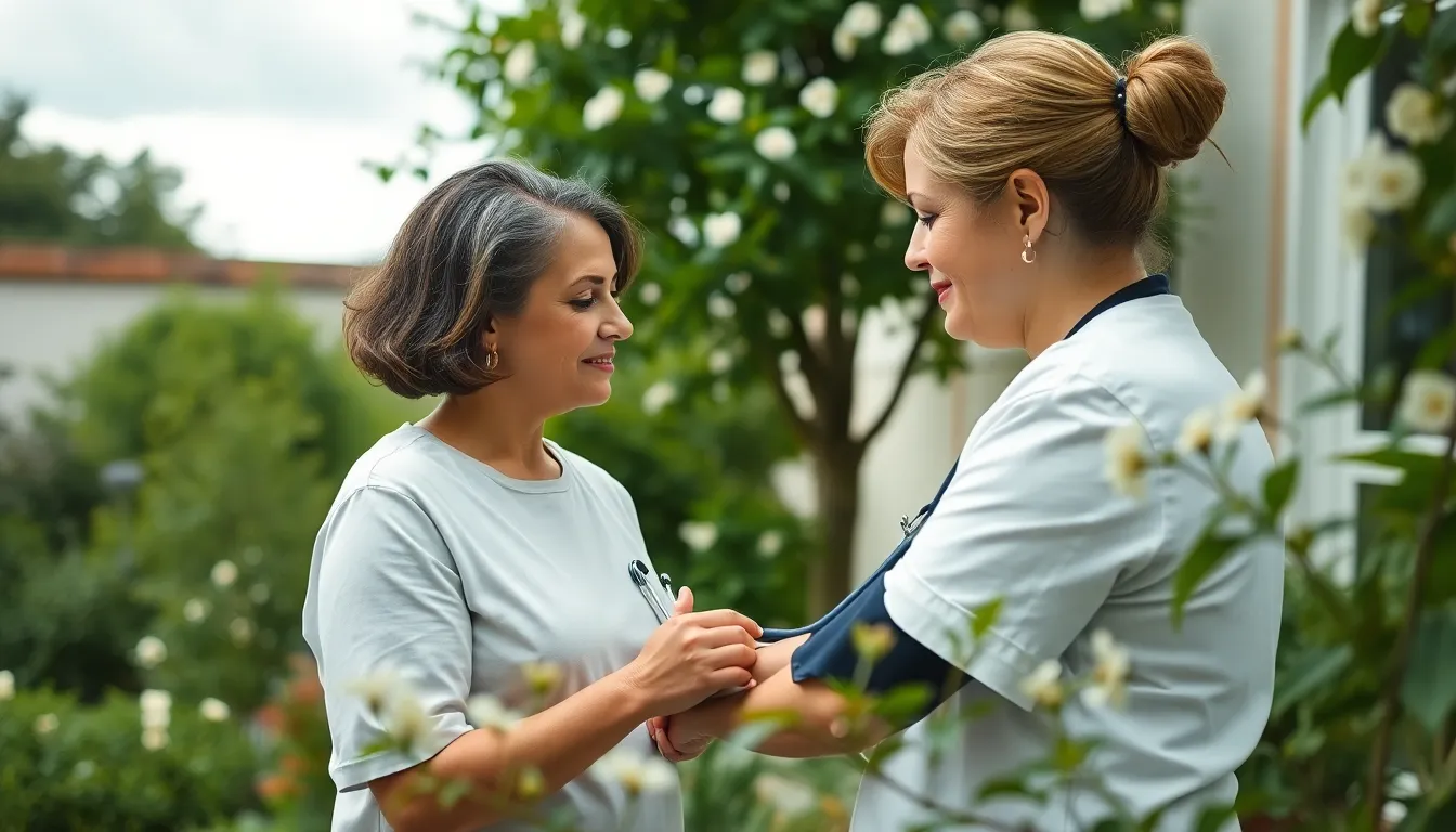 Nurse Taking Blood Pressure in Garden Clinic