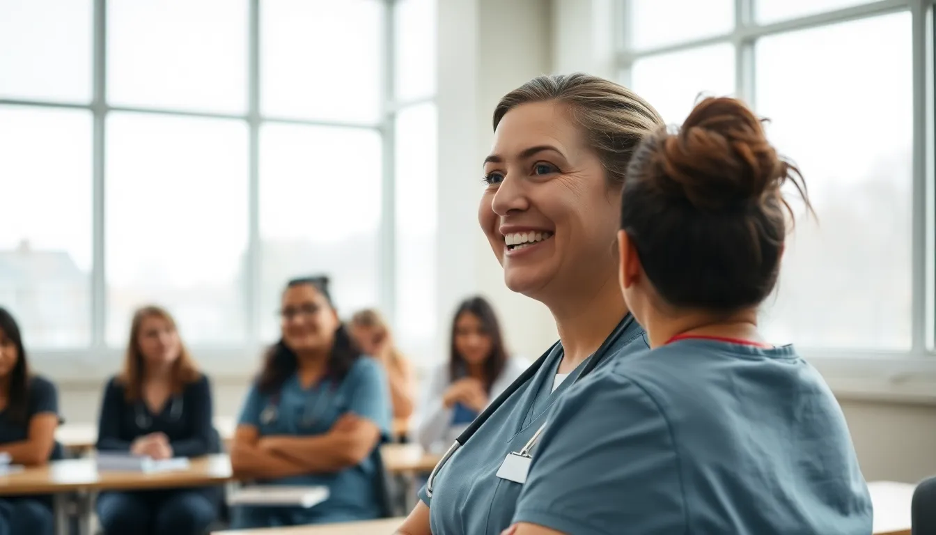 A nurse educator passionately teaches a class of aspiring healthcare professionals in a bright, inviting classroom setting. The soft light enhances the warm, engaging atmosphere, fostering a sense of camaraderie and learning. The focus on the nurse's expression captures her dedication to educating the next generation, highlighting the importance of nursing education.