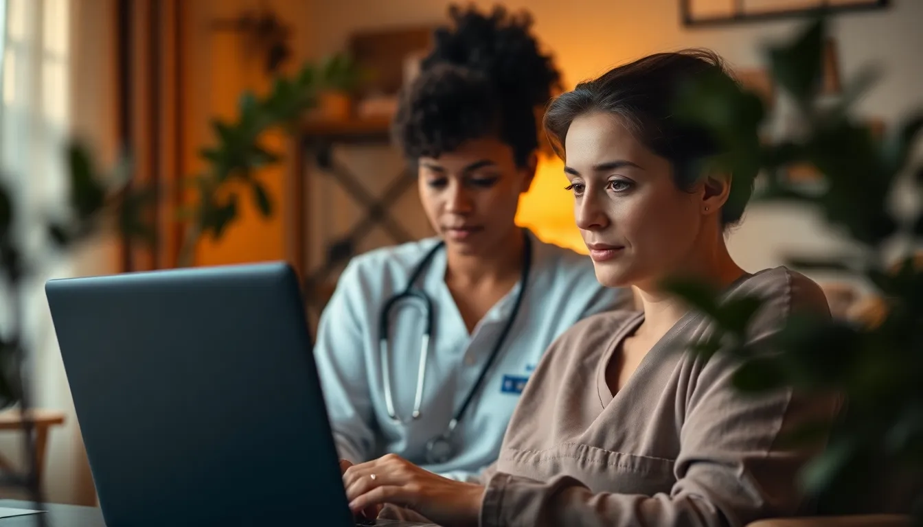 In a warm and inviting home setting, a nurse engages in a telehealth consultation, showcasing the modern evolution of healthcare. The soft lighting and earthy tones create a cozy atmosphere, reflecting the comfort of receiving care at home. This image celebrates the convenience and accessibility of telehealth services, emphasizing the nurse's commitment to patient care from any location.