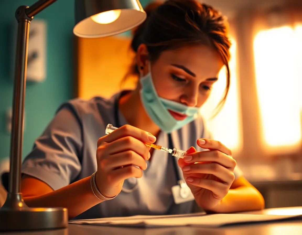 Nurse Preparing Vaccine in Focused Setting A nurse prepares a vaccine in a warmly lit setting, her hands sharply in focus against a softly blurred background. The warm glow of the tungsten lamp highlights her careful technique, while the cinematic color grading enriches the skin tones and the intimate mood of the scene. This image powerfully illustrates the meticulous and dedicated nature of nursing, capturing a moment that emphasizes care and precision.
