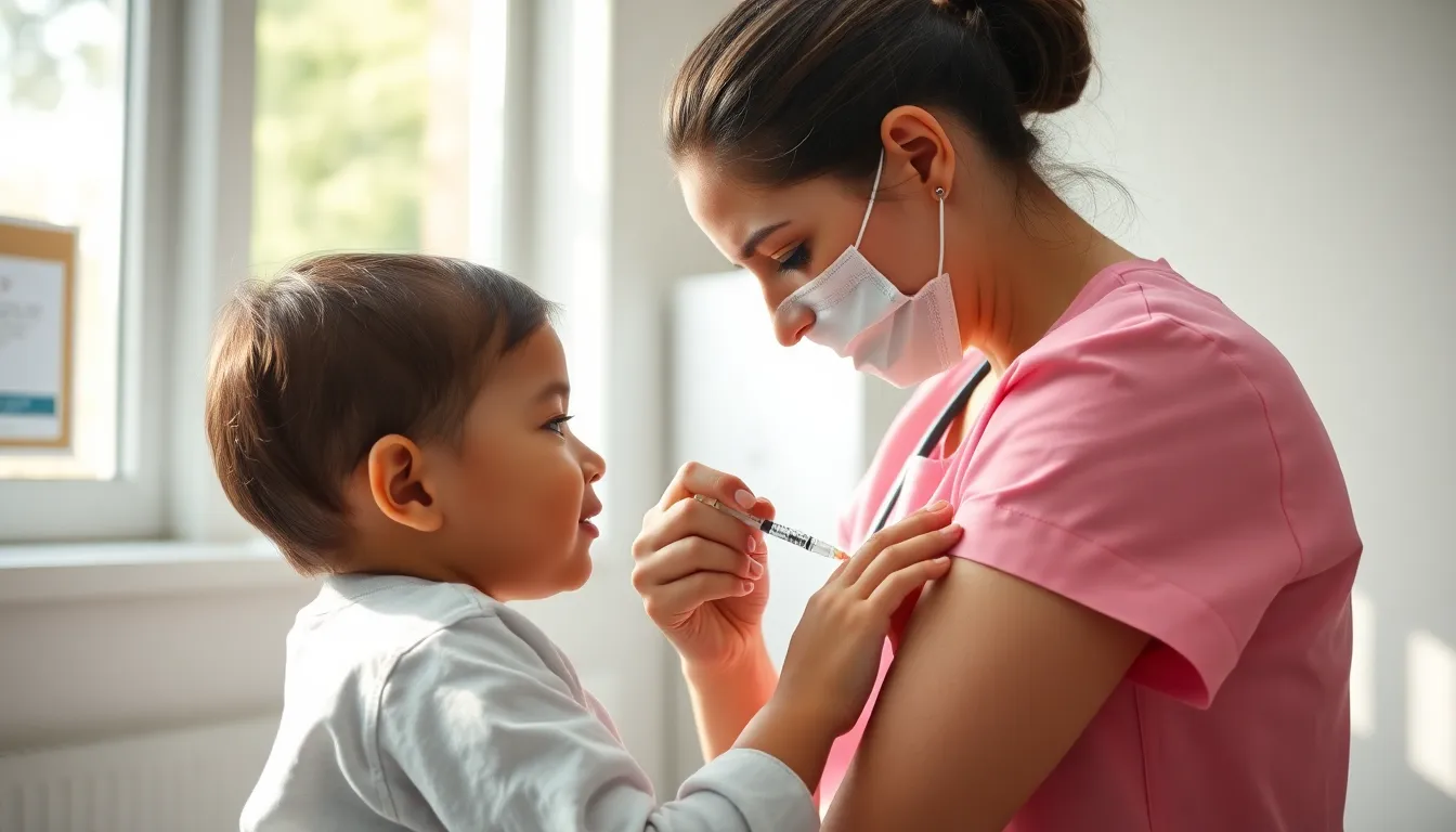 In this touching image, a dedicated nurse gently administers a vaccine to a young child in a bright clinic. The warm natural light creates an inviting ambiance, while the nurse and child are sharply focused against a blurred background. The soft pastel colors convey a sense of calm and reassurance. The composition effectively captures the compassion involved in pediatric nursing, making it ideal for illustrating healthcare for children.