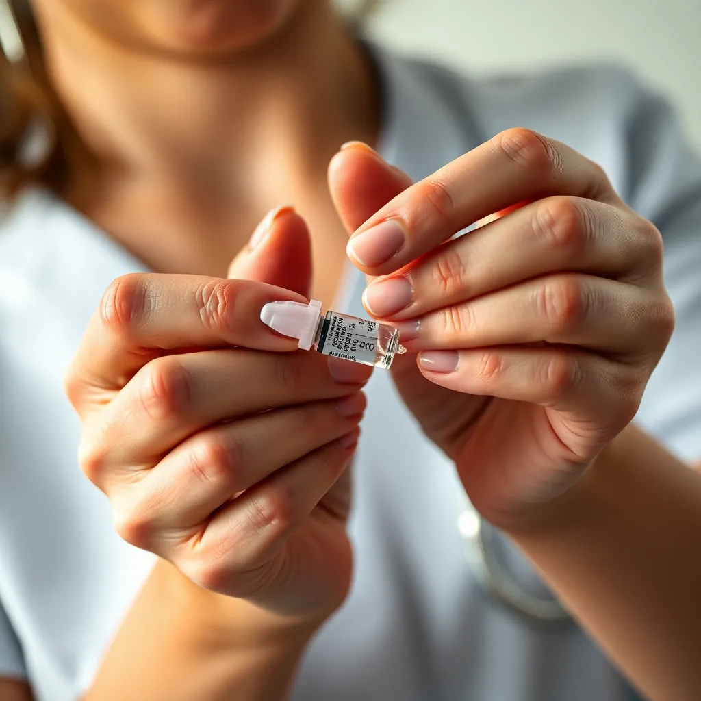 A close-up of a nurse's hands carefully administering a vaccine in a clinic. The soft, diffused light from an overcast sky highlights the warm skin tones and details of the vaccine vial. The selective focus draws attention to the hands while the background remains artistically blurred, creating an intimate moment. This composition emphasizes the precision of healthcare practices and the vital role of nurses in immunization.