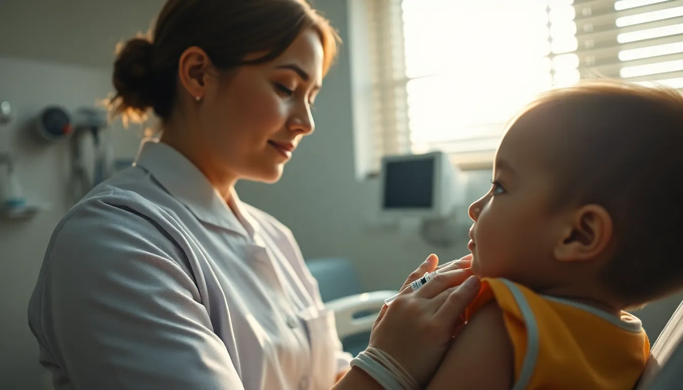 A caring nurse gently administers a vaccine to a calm child in a bright hospital room. The warm natural light creates an inviting atmosphere, emphasizing the compassion of the healthcare professional. The soft textures of the nurse's uniform and the tranquil setting enhance the image's soothing quality, making it a perfect representation of pediatric healthcare.
