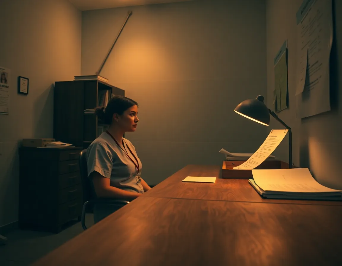 A focused nurse sits at a wooden desk, diligently reviewing patient charts under the soft glow of a tungsten desk lamp. The warm light creates a cozy atmosphere while providing clarity for her work. The camera's hyperfocal distance captures sharp details throughout the scene, enhancing the texture of the desk and papers. Leading lines in the composition direct the viewer's attention toward the nurse, emphasizing her dedication to patient care.