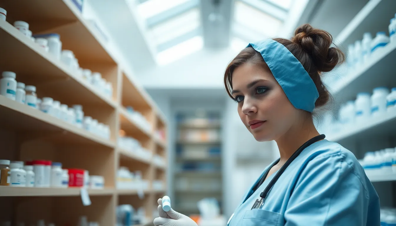 This striking image displays a dedicated nurse compounding medication in a bright, modern pharmacy. Soft daylight filters through skylights, casting even illumination across the sterile environment. With a focus on the nurse's concentrated expression, the blurred shelves of medication create a sense of depth. The cool color palette enhances the clean, clinical feel, making it an ideal representation of pharmaceutical care. This image is perfect for illustrating the vital role of nurses in medication management.