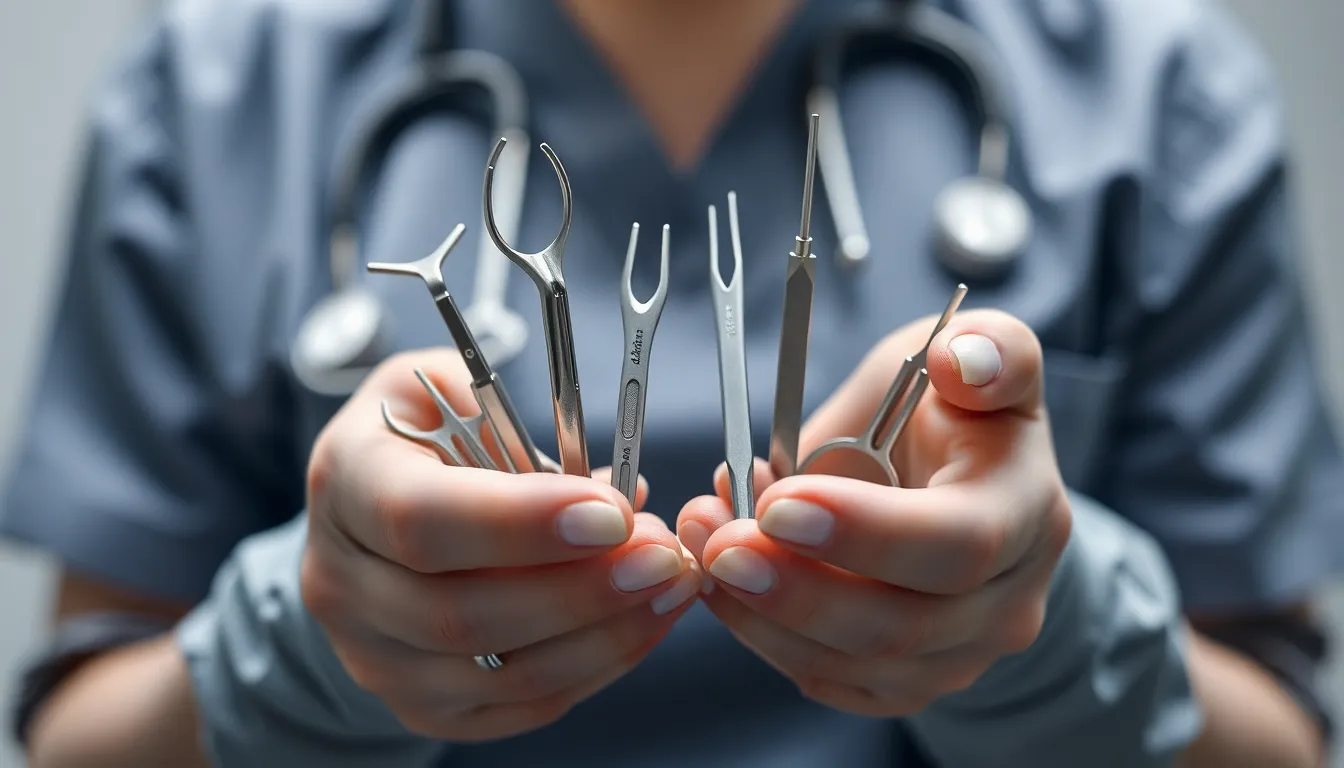 This detailed image showcases a nurse holding various medical tools, highlighting their precision and importance in patient care. Captured under studio lighting, the stainless steel reflects light beautifully, creating an inviting focus. The shallow depth of field ensures the tools stand out against a softly blurred background. The cool color palette conveys professionalism, reinforcing the expertise involved in healthcare. This image is perfect for illustrating the intricacies of nursing work.
