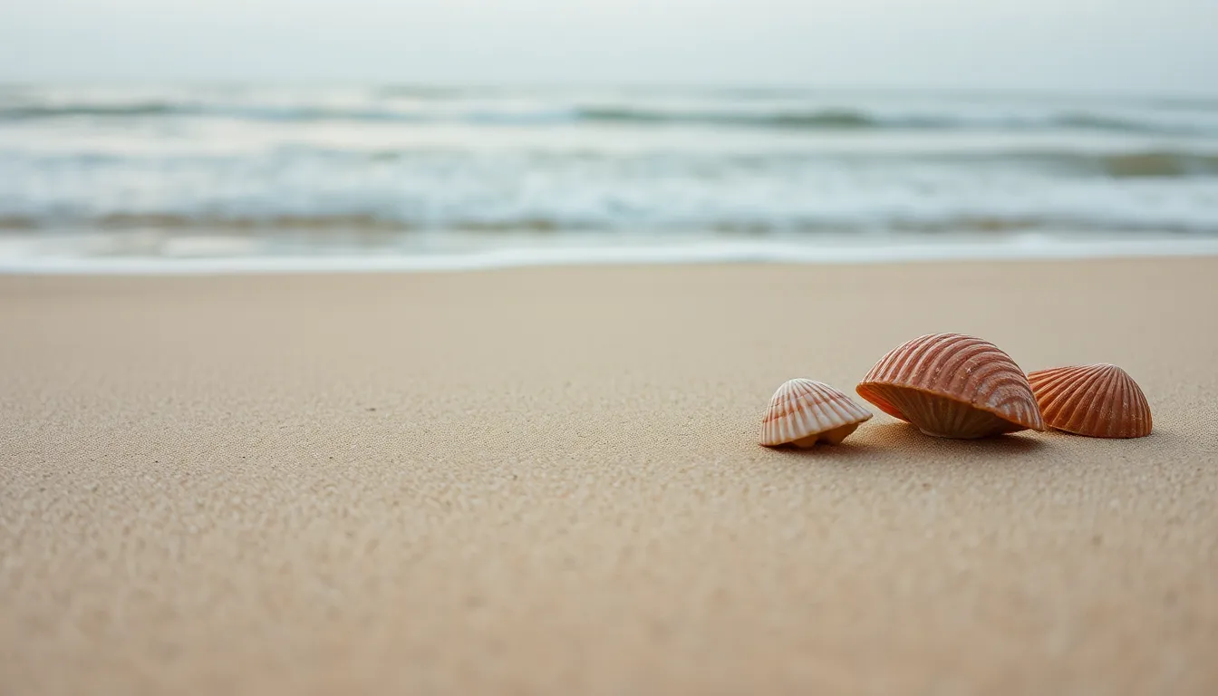 Serene Beach Scene in Morning Light Immerse yourself in the tranquility of a morning beach scene captured in soft light. The overcast sky diffuses sunlight, creating an ethereal glow over the gentle waves. Seashells in the foreground are perfectly positioned according to the rule of thirds, inviting viewers into the composition. The natural muted tones enhance the calm atmosphere, while the fine sand graced with morning dew adds to the intricate texture of this serene coastal environment.