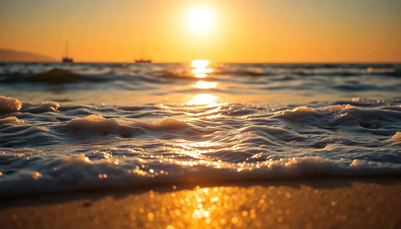 This striking image features gentle ocean waves rolling onto a sandy beach during a dramatic golden hour. The warm light backlights the water, creating a captivating rim of illumination around each wave. Vibrant blues and golds dominate the scene, enhanced by a shallow depth of field that draws focus to the intricate textures of the shoreline. The image invites the viewer to experience the tranquil beauty of the ocean at sunset.
