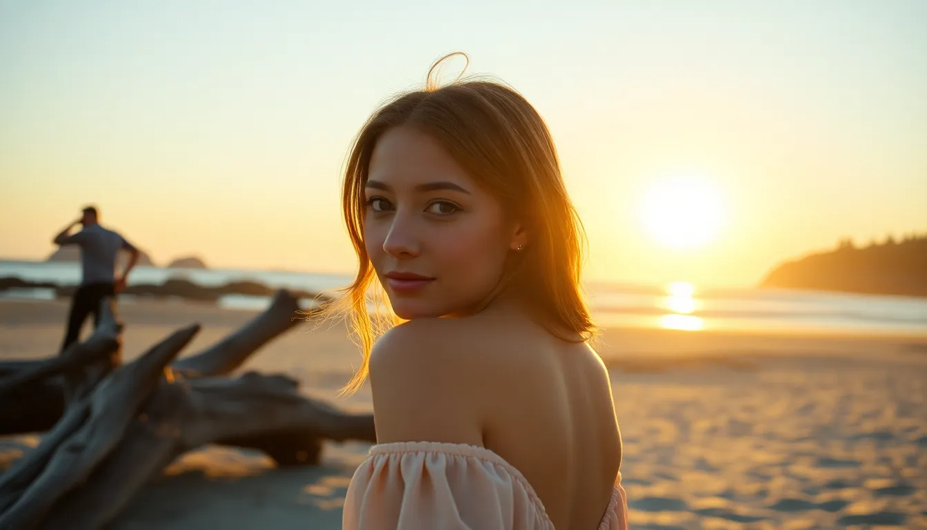 Serene Sunset Over Rocky Coastline A breathtaking sunset scene captures the warm hues of the golden hour as the sun dips below the horizon. A weathered piece of driftwood rests on the sandy beach, leading the viewer’s eye to a distant rocky coastline. The soft bokeh in the background enhances the tranquil atmosphere, while the warm color palette creates a sense of peace. The gentle waves reflect the rich colors of the sky, inviting viewers to feel the serenity of this coastal moment.
