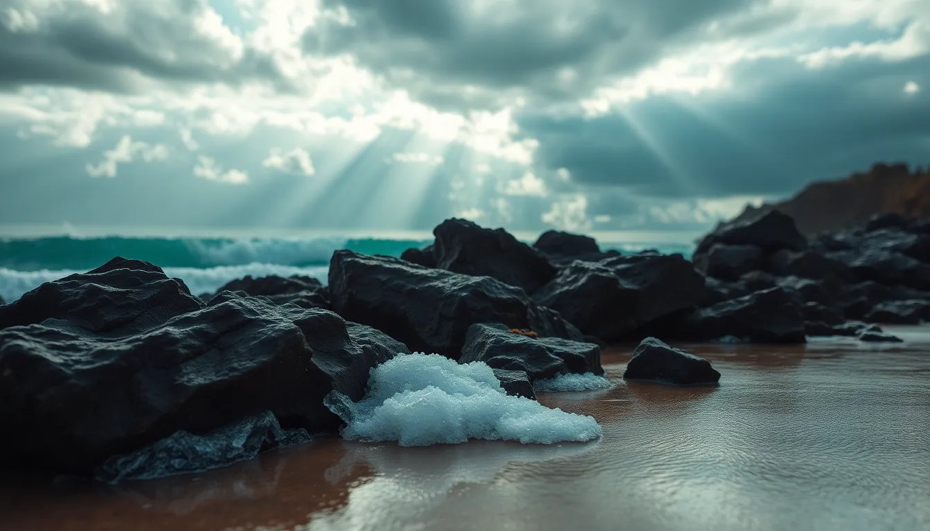 Dramatic Ocean Waves Against Rocky Shore This stunning image captures the powerful movement of ocean waves crashing against a rugged rocky shore beneath dramatic stormy skies. Sunlight pierces through the clouds, creating a cinematic interplay of teal and orange tones. The sharpness of the rocks contrasts beautifully with the foamy water, while the wet sand reflects the vibrant colors of the scene. A low horizon emphasizes the vastness of the sky, adding depth and drama to the composition.