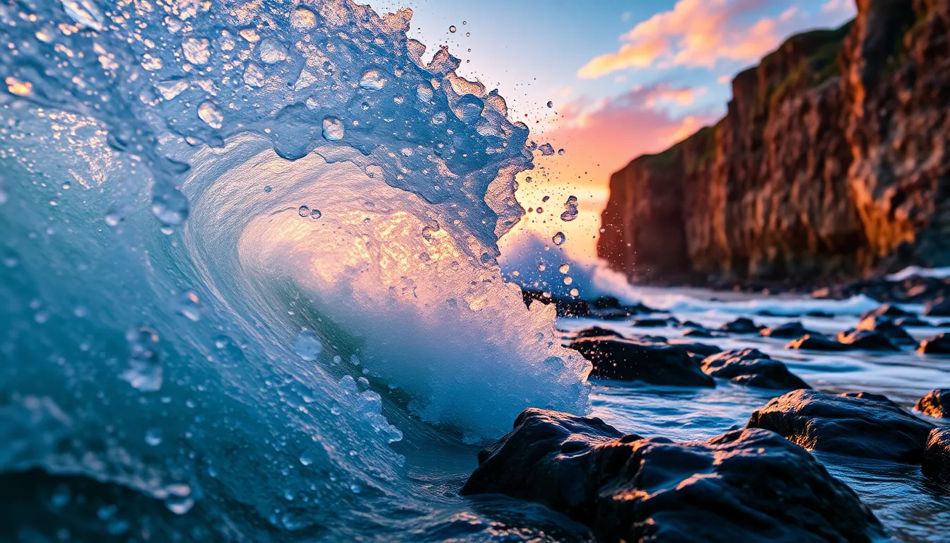 Dramatic Wave Crashing at Sunrise