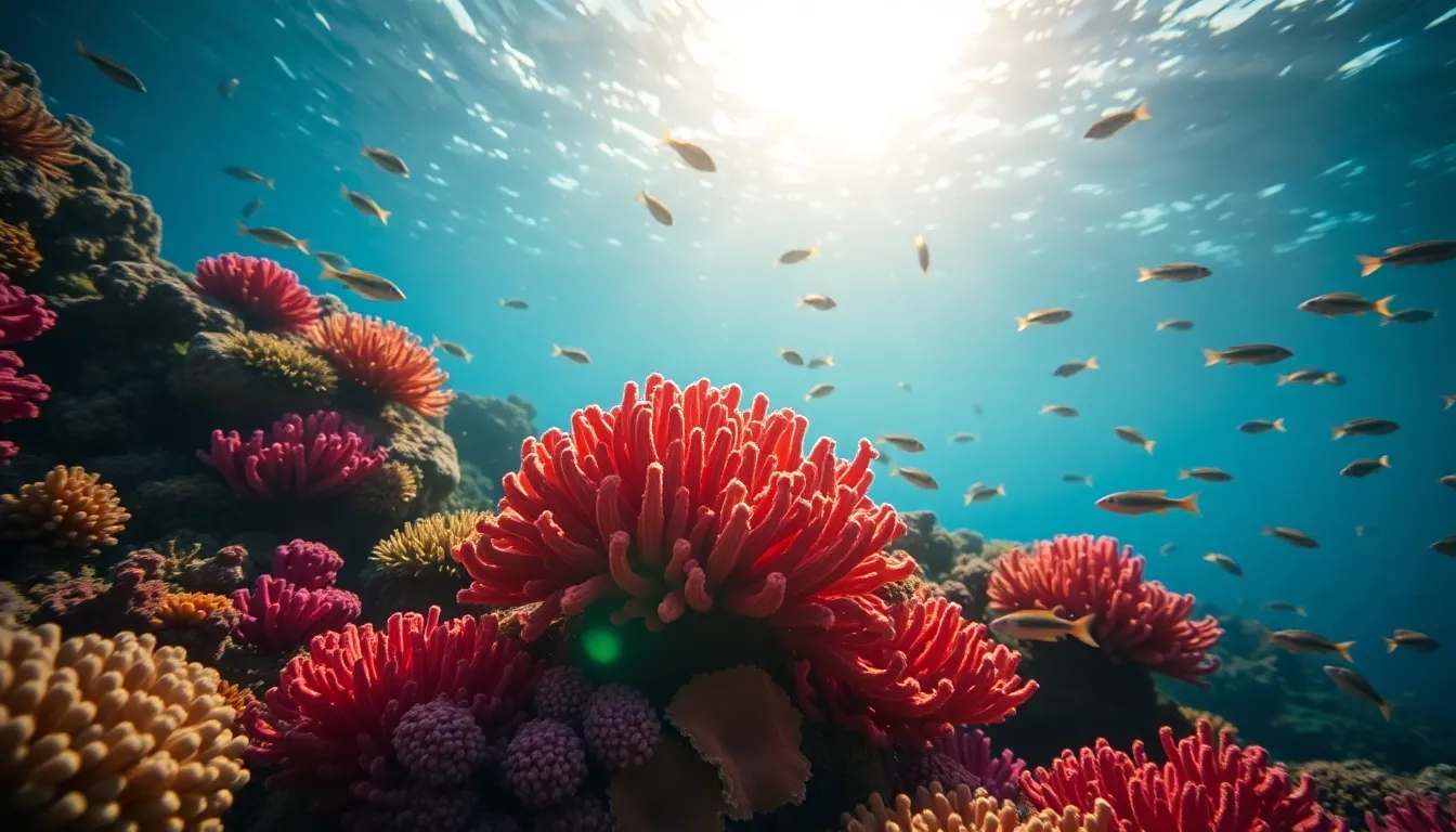 This stunning underwater scene reveals the vibrant life of a coral reef, showcasing colorful corals and diverse fish. Natural sunlight filters through the water, creating a beautiful dappled effect that highlights the textures and colors. The focused composition captures the dynamic movement of marine life, inviting viewers to explore the richness of underwater ecosystems.