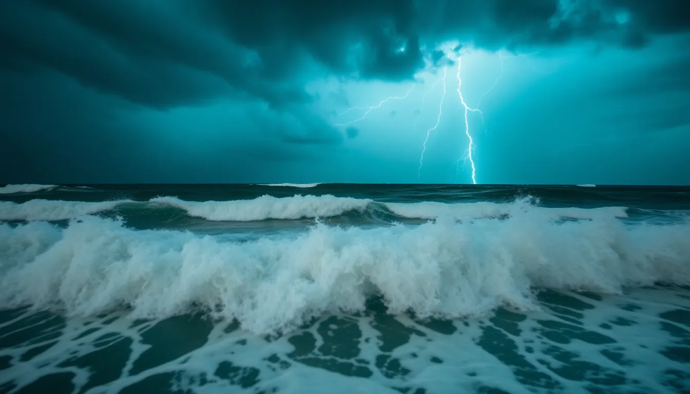 This striking image captures the raw power of a stormy ocean, with dark clouds and flashes of lightning illuminating the churning water. The deep blue and turquoise hues reflect the intensity of the scene, while the Dutch angle composition enhances the feeling of movement and chaos. The sharp focus on the crashing waves against a soft background creates a dramatic contrast, emphasizing nature's formidable force.