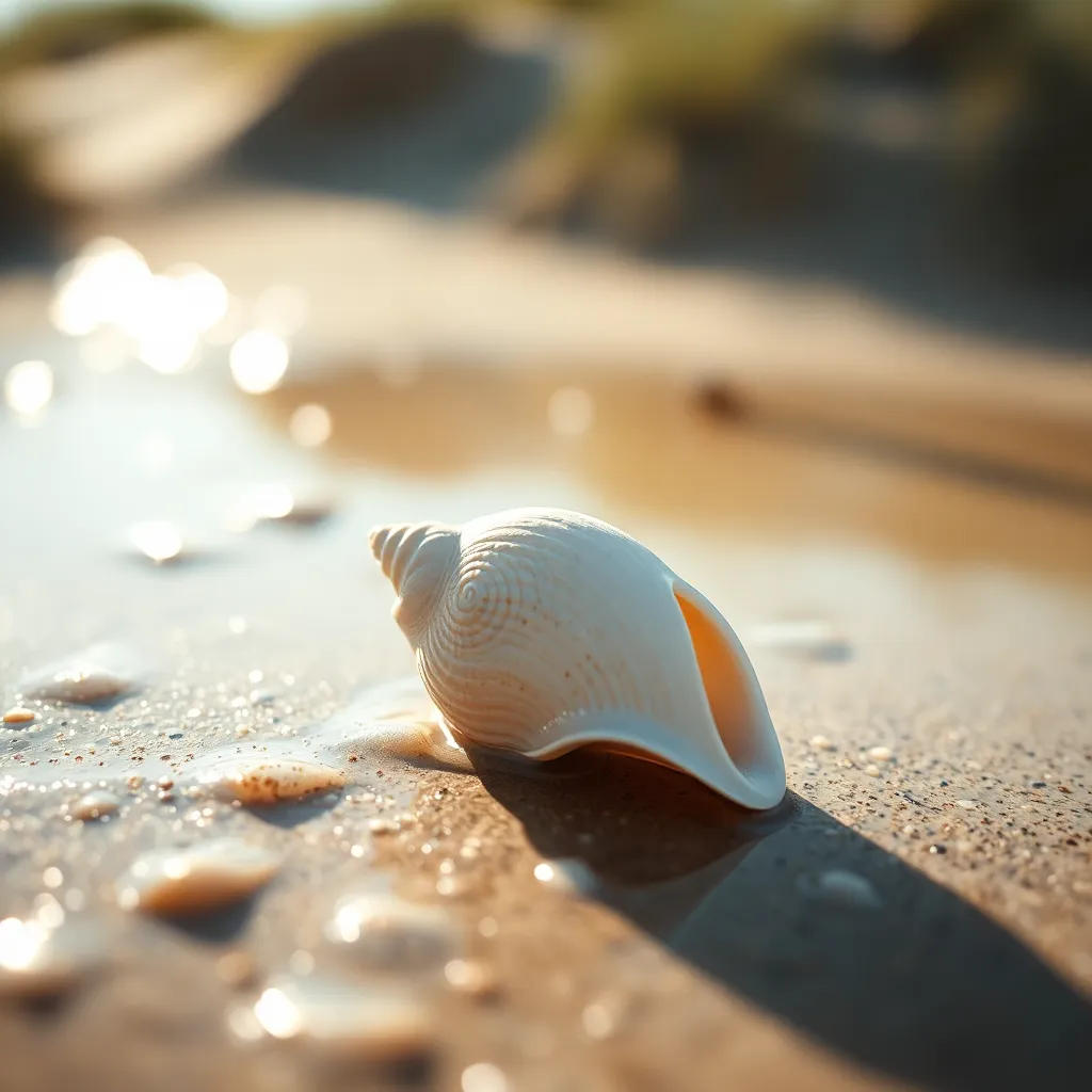 This stunning close-up features an intricately detailed seashell resting on a damp beach, showcasing the unique textures of its surface. Dappled sunlight filters through nearby dunes, creating beautiful highlights and shadows across the scene. The warm color palette reminiscent of Kodak Portra 400 enhances the organic beauty of the seashell. With the shell positioned according to the golden ratio, the composition draws viewers into the delicate nuances of nature.