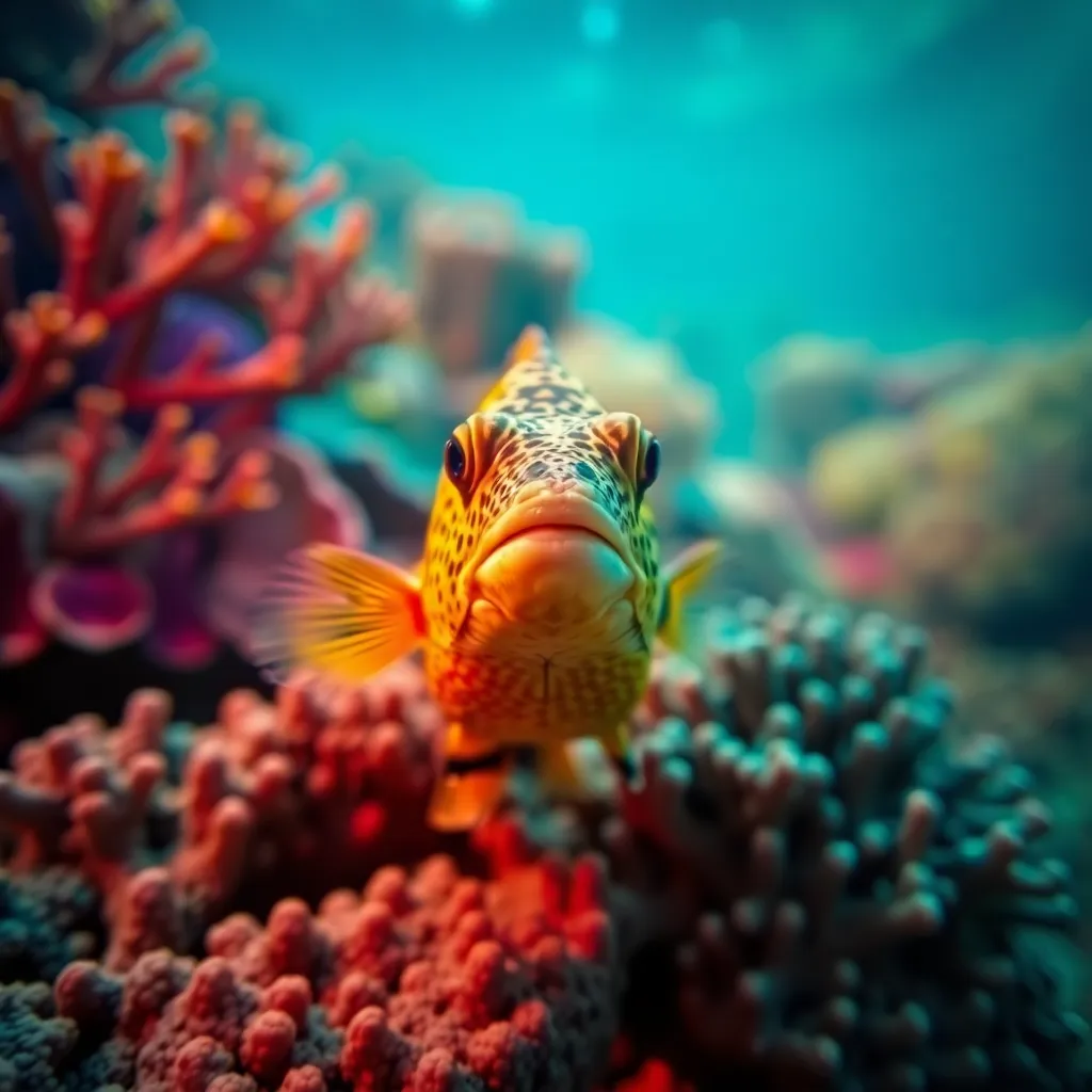 Vibrant Underwater Sea Life Close-Up Dive into the vibrant world of underwater life with this stunning close-up image showcasing intricate details of sea creatures and corals. Warm tungsten lighting accentuates the colors, while the shallow depth of field adds a dreamy quality to the scene. The image is composed symmetrically to highlight the beauty of the fish scales against the backdrop of colorful corals. This photograph captures the enchanting textures and colors that thrive beneath the ocean's surface.