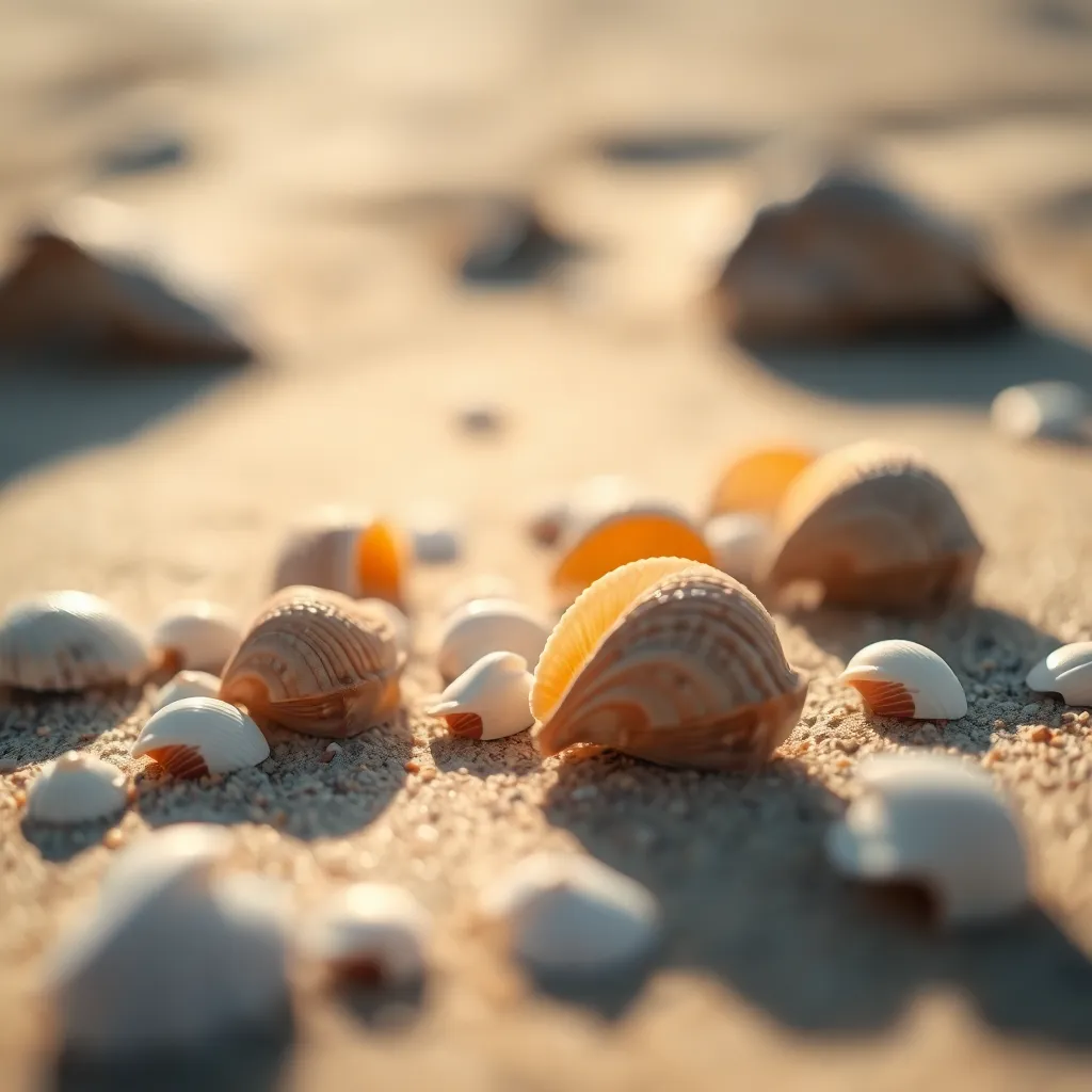 Close-Up of Seashells on Sunlit Beach This intimate close-up image captures the intricate beauty of seashells scattered across a sunlit beach. The soft warm light highlights the textures and patterns of each shell, creating a serene and peaceful atmosphere. Selective focus emphasizes the foreground while softly blurring the background, inviting viewers to appreciate the delicate details. Natural muted tones enhance the earthy beauty of the scene, making it a perfect representation of coastal tranquility.