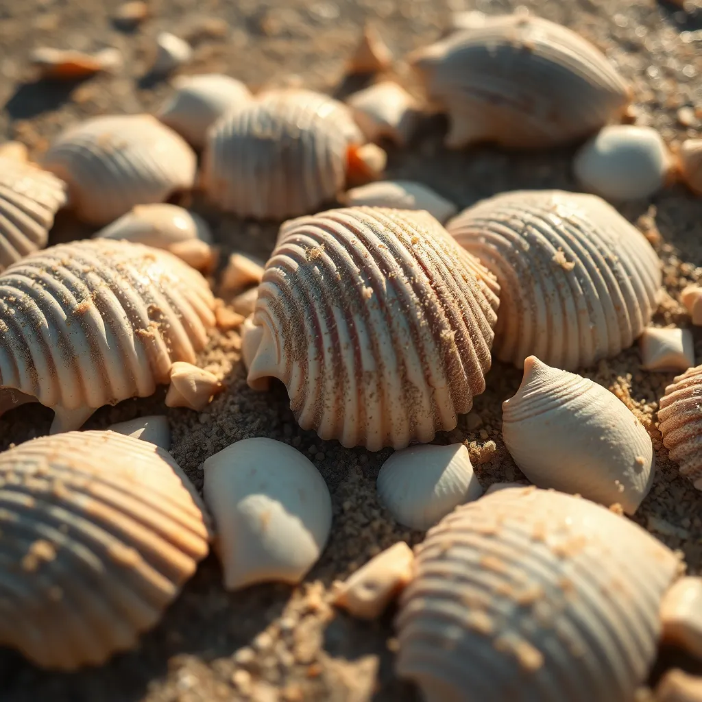 This close-up image features an arrangement of intricately textured seashells scattered across a tranquil sandy beach. The warm sunlight creates a play of soft shadows and highlights, drawing attention to the unique ridges and patterns of each shell. Captured with extreme detail, the composition follows the rule of thirds, highlighting the beauty of nature’s creations. The calm color palette reinforces the serene and peaceful atmosphere of the beach.