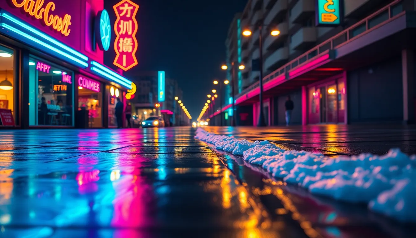 Urban Oceanfront Night Scene This captivating urban scene showcases the oceanfront promenade at night, with waves gently illuminated by the vibrant glow of streetlights. Neon signage reflects in the wet pavement, casting enchanting blue and magenta hues across the scene, while butterfly lighting enhances the texture and detail of the water. The cinematic teal and orange grading adds a dynamic twist to the composition, creating a striking contrast. The foreground framing draws the viewer into this lively coastal atmosphere, blending urban life with the beauty of the ocean.
