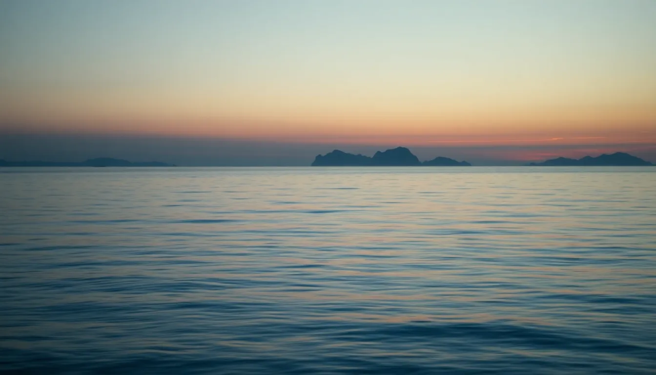 Tranquil Twilight Over Distant Islands This serene image captures the calm beauty of an ocean landscape at dusk, with silhouettes of distant islands emerging against a twilight sky. Soft hues blend into one another, creating a dreamy atmosphere that invites contemplation. The smooth water surface reflects these colors, adding to the tranquility of the scene. A slight Dutch angle introduces a sense of movement, while exquisite detail brings the textures of the water and islands into focus.