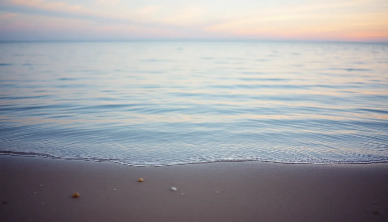 This peaceful image captures the serene beauty of a calm ocean at dawn, with gentle ripples reflecting the soft pastels of the morning sky. The hyperfocal depth of field ensures every detail, from the sandy shore to the distant horizon, remains sharply in focus. A composition utilizing leading lines draws the viewer’s gaze deeper into the scene. The warm Kodak Portra color palette enhances the tranquil mood, making it ideal for nature lovers.