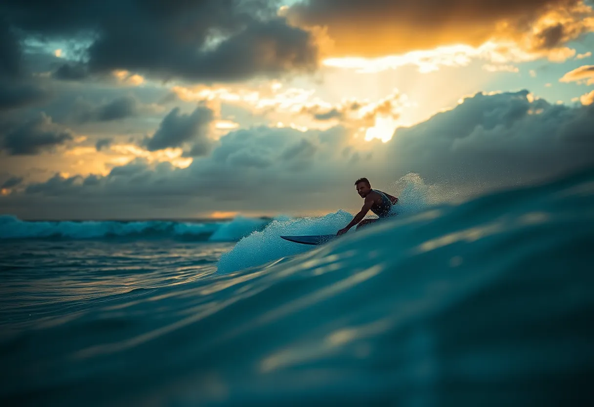 Surfer Riding Waves at Stormy Sunset Capture the intensity of a lone surfer riding wild waves against a backdrop of stormy sunset skies. Dramatic lighting from dark clouds and scattered rays creates a captivating mood. The selective focus emphasizes the surfer’s determination, with the background turning into a soft, dreamy bokeh. Rich cinematic color grading enhances the dramatic nature of the scene, while the water texture and spray are meticulously detailed, bringing the energy of the moment to life.