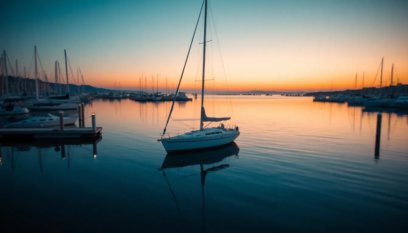 This serene scene depicts a sailboat gracefully gliding across calm waters during twilight. Reflections shimmer on the water's surface, creating a dreamlike quality. The shallow depth of field isolates the boat against a beautifully blurred background of docks. Captured in cinematic teal and orange hues, the image emanates tranquility and peace, inviting viewers into this idyllic moment of nature and serenity. The centered composition provides a harmonious balance.