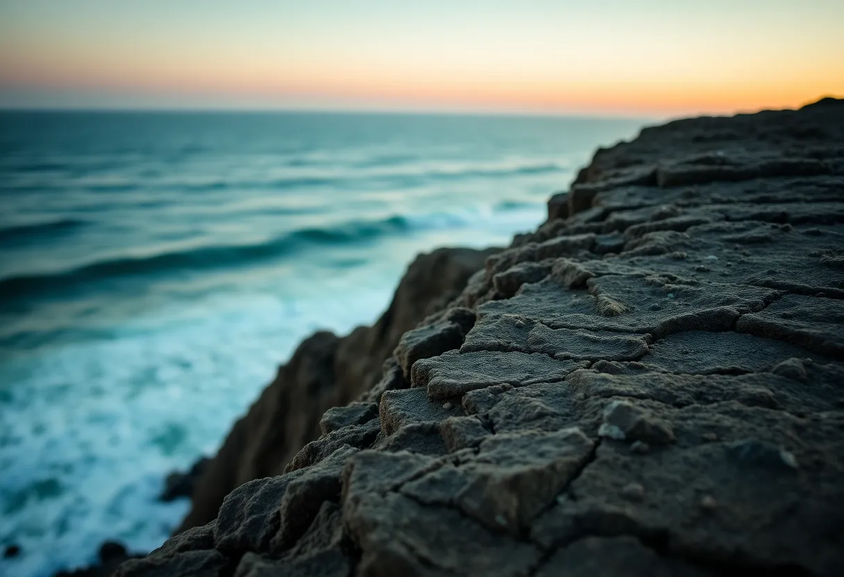 Coastal Cliff at Twilight Experience the serenity of a coastal cliff captured during the tranquil hours of twilight. The natural lighting beautifully transitions into soft dusk hues, creating a soothing ambiance. The shallow depth of field accentuates the cliff's textures, while the waves below gently blur into the background. Placed according to the rule of thirds, the composition draws the viewer's eye towards the rugged beauty of the cliff. This image encapsulates the calm and majesty of nature as day turns to night.