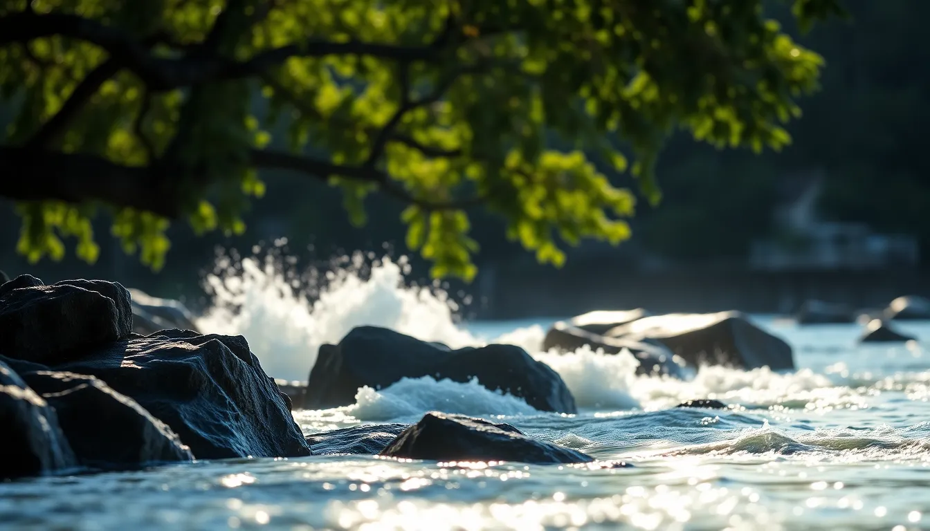 Waves Crashing Against Rocky Outcrop An energetic scene captures waves crashing against a rugged rocky outcrop, framed beautifully by dappled sunlight filtering through the surrounding tree canopy. The image employs a selective focus technique, bringing the texture of the water and rocks into sharp relief while the background dissolves into soft painterly bokeh. The vibrant, saturated colors amplify the ocean's deep blues and rich greens, creating a lively atmosphere full of movement and vitality. This dynamic composition draws attention to nature’s powerful beauty.