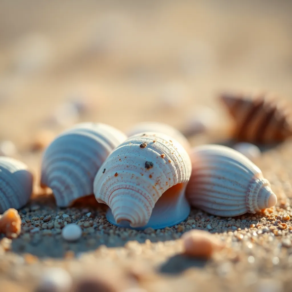 Detailed Close-Up of Seashells on Beach