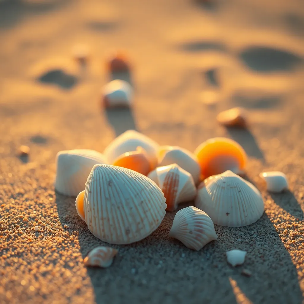 Delicate Seashells on Sandy Shore This serene image captures delicate seashells scattered across a sandy shore during golden hour. The warm light enhances the intricate textures and unique colors of the shells, creating a peaceful and tranquil atmosphere. With a creamy bokeh as a backdrop, the focus remains on the seashells, inviting appreciation for nature's artistry. The centered composition showcases the beauty of these natural treasures, inviting viewers to experience a moment of calm.